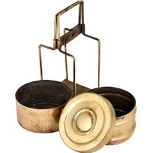 Old Brass Tiffin Box With Two Container And  traditional lock On Brass Strap Frame