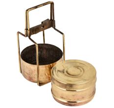 Old Brass Tiffin Box With Two Container And  traditional lock On Brass Strap Frame