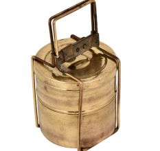Brass Tiffin Box With Two Compartment And A Brass Strap Frame
