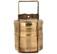 Brass Tiffin Box With Two Compartment And A Brass Strap Frame
