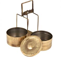 Brass Tiffin Box With Two Compartment And A Brass Strap Frame