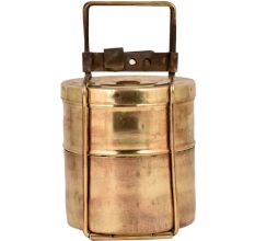 Brass Golden Tiffin Box Two Container Golden Color With Brass Strap Frame