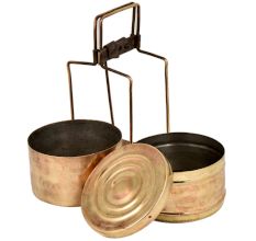 Brass Golden Tiffin Box Two Container Golden Color With Brass Strap Frame