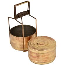 Brass Golden Tiffin Box Two Container Golden Color With Brass Strap Frame