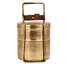 Brass Two Tier Tiffin Box Round Shape Food Container Carrier