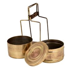 Brass Two Tier Tiffin Box Round Shape Food Container Carrier