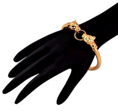 Gold Plated 92.5 Sterling Silver Bracelet Adjustable Kadaa Two Tiger Face With Ring In Mouth