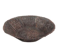 Copper Bowl Engraved Floral Scalloped Edges Geometric Base Fruit Ball