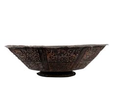 Copper Bowl Engraved Floral Scalloped Edges Geometric Base Fruit Ball