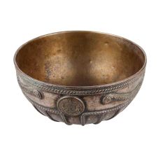 Brass Bowl With Embossed Hand Chiseled  Floral Bands  And Decorated Rim