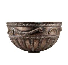 Brass Bowl With Embossed Hand Chiseled  Floral Bands  And Decorated Rim
