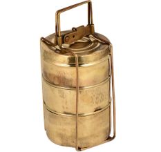 Golden Brass Tiffin Box With Three Compartments With Traditional Lock