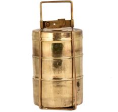 Golden Brass Tiffin Box With Three Compartments With Traditional Lock