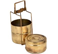 Golden Brass Tiffin Box With Three Compartments With Traditional Lock