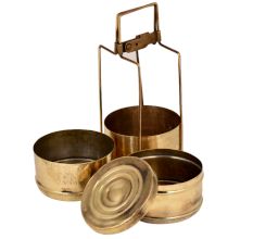 Golden Brass Tiffin Box With Three Compartments With Traditional Lock