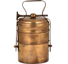 Brass Three Tier Tiffin Box With Brass Strap And Screw Fastener