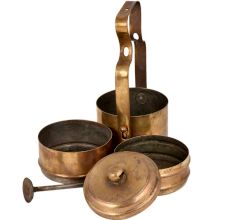 Brass Three Tier Tiffin Box With Brass Strap And Screw Fastener