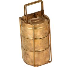 Brass Tiffin Box With Thin Brass Strap Frame And Three Containers