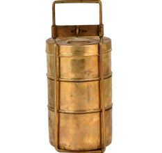 Brass Tiffin Box With Thin Brass Strap Frame And Three Containers