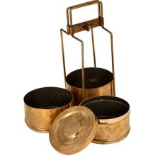 Brass Tiffin Box With Thin Brass Strap Frame And Three Containers