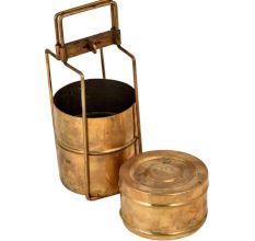Brass Tiffin Box With Thin Brass Strap Frame And Three Containers
