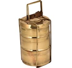 Handmade Brass Three Tier Tiffin Box With Brass Strap Frame