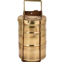 Handmade Brass Three Tier Tiffin Box With Brass Strap Frame