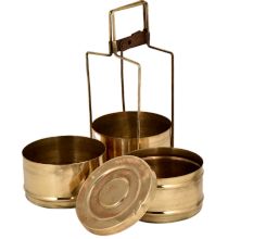 Handmade Brass Three Tier Tiffin Box With Brass Strap Frame