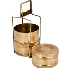 Handmade Brass Three Tier Tiffin Box With Brass Strap Frame