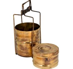 Old Brass Tiffin Box With Three Container and Patina Finish