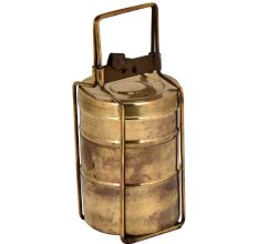 Golden Brass Tiffin Box Three Container Thin Brass Strap And Lock