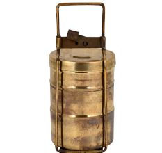 Golden Brass Tiffin Box Three Container Thin Brass Strap And Lock