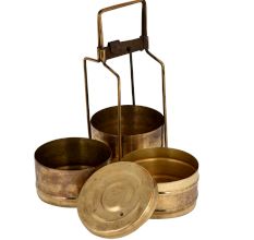 Golden Brass Tiffin Box Three Container Thin Brass Strap And Lock