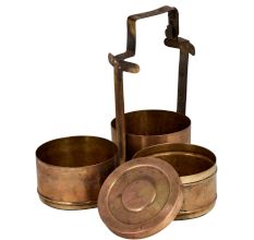 Brass Tiffin Box Three Container Single Lid Thick Frame