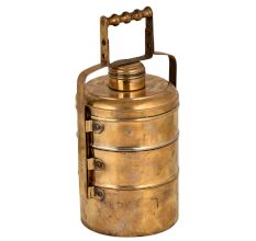 Brass Tiffin Box With Three Containers Small Box Decorative Metal Handle