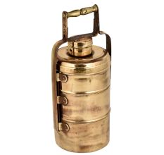 Golden Brass Tiffin Box With Three Container And Decorative Handle On Frame