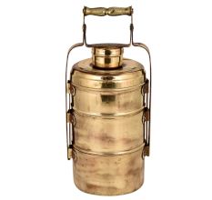 Golden Brass Tiffin Box With Three Container And Decorative Handle On Frame