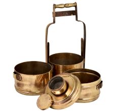 Golden Brass Tiffin Box With Three Container And Decorative Handle On Frame