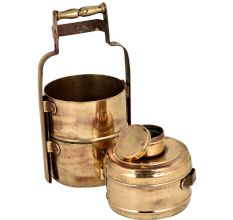 Golden Brass Tiffin Box With Three Container And Decorative Handle On Frame