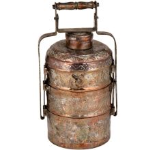 Engraved Floral Copper Tiffin Box Three Container And Additional Small Box