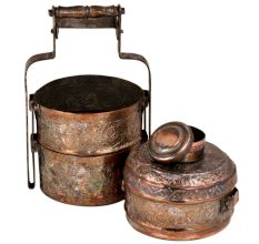 Engraved Floral Copper Tiffin Box Three Container And Additional Small Box