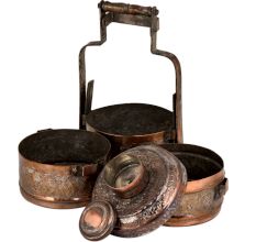 Engraved Floral Copper Tiffin Box Three Container And Additional Small Box