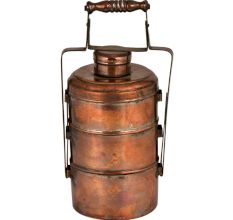 Copper Three Tier Tiffin Box With A Small Box on Top With Adjustable Handle