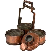 Copper Three Tier Tiffin Box With A Small Box on Top With Adjustable Handle