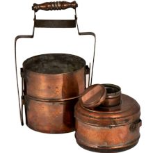 Copper Three Tier Tiffin Box With A Small Box on Top With Adjustable Handle