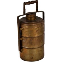 Brass Three Tiffin Box With Adjustable Handle And A Small Box On Top