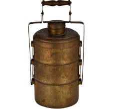 Brass Three Tiffin Box With Adjustable Handle And A Small Box On Top