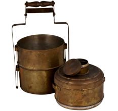 Brass Three Tiffin Box With Adjustable Handle And A Small Box On Top