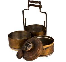 Brass Three Tiffin Box With Adjustable Handle And A Small Box On Top
