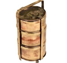 Brass Tiffin Box With Three Tier Disc Frame And Latch on The Top Container